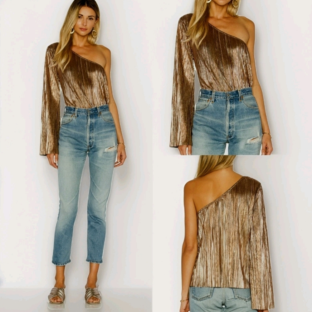 House Of Harlow x Revolve One Shoulder Pleated Top XS Bell Sleeve Party Glam